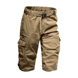 Men'S Cargo Shorts 3/4 Relaxed Fit Mens Running Shorts 7 Pockets Elastic Waist Cotton Hiking Shorts Summer Causal Streetwear