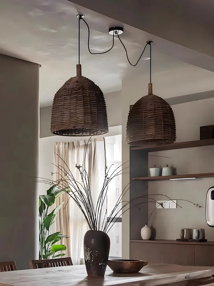 

Minimalism Wabi Sabi E27 Led Pendant Lights Restaurant Rattan Chandelier Retro Designer Round Ceiling Lamps Living Room Fixture