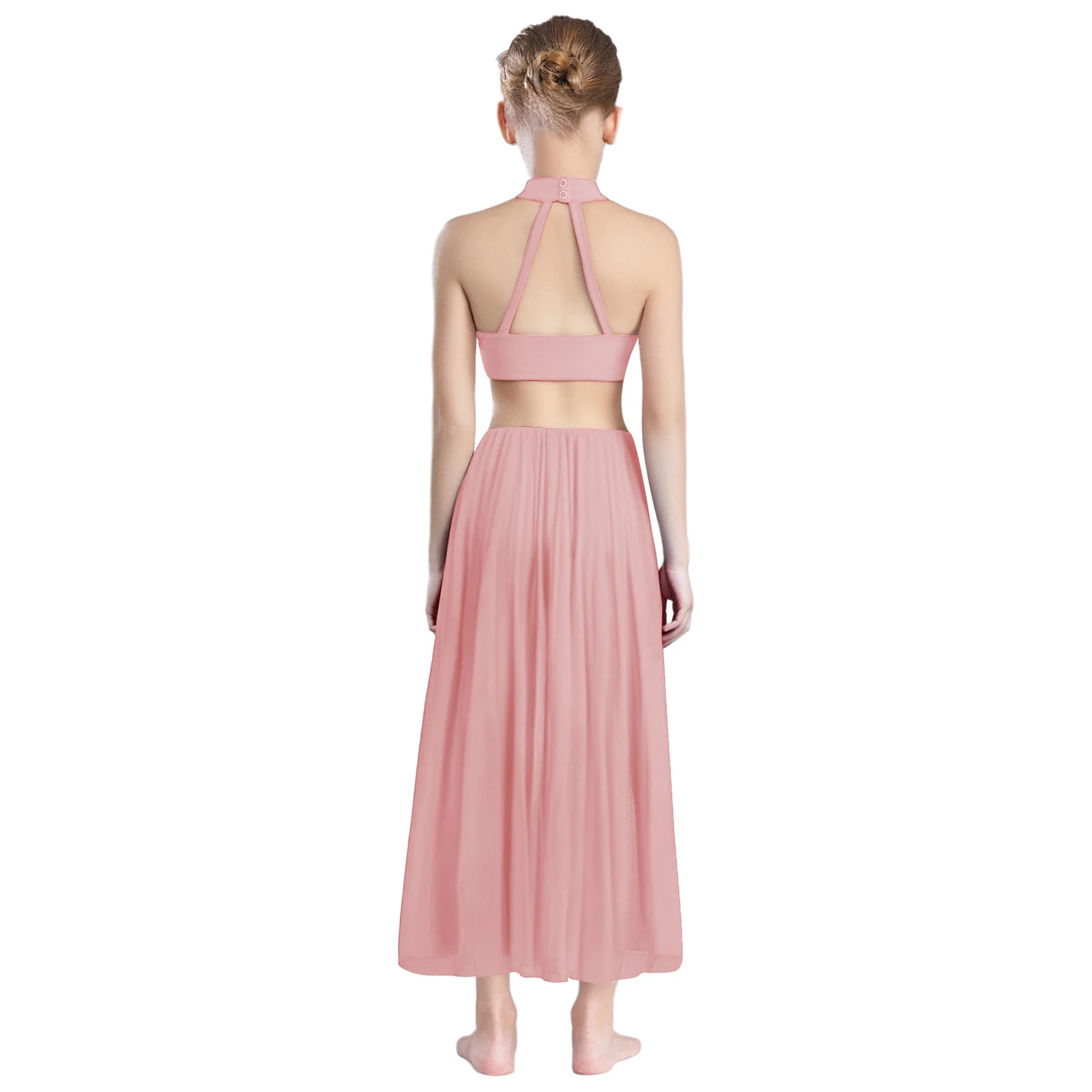 Mono de baile latino profesional para niños, traje de actuación de competición de baile de salón lírico con cuello Halter y espalda descubierta de malla con lentejuelas