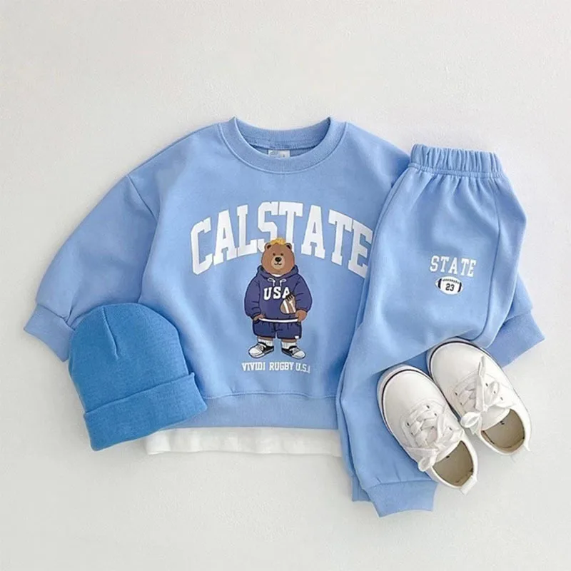

2025 Autumn New Children Long Sleeve Sports Set Boys Girls Bear Letter Sweatshirt + Sweatpants 2pcs Suit Toddler Casual Outfits