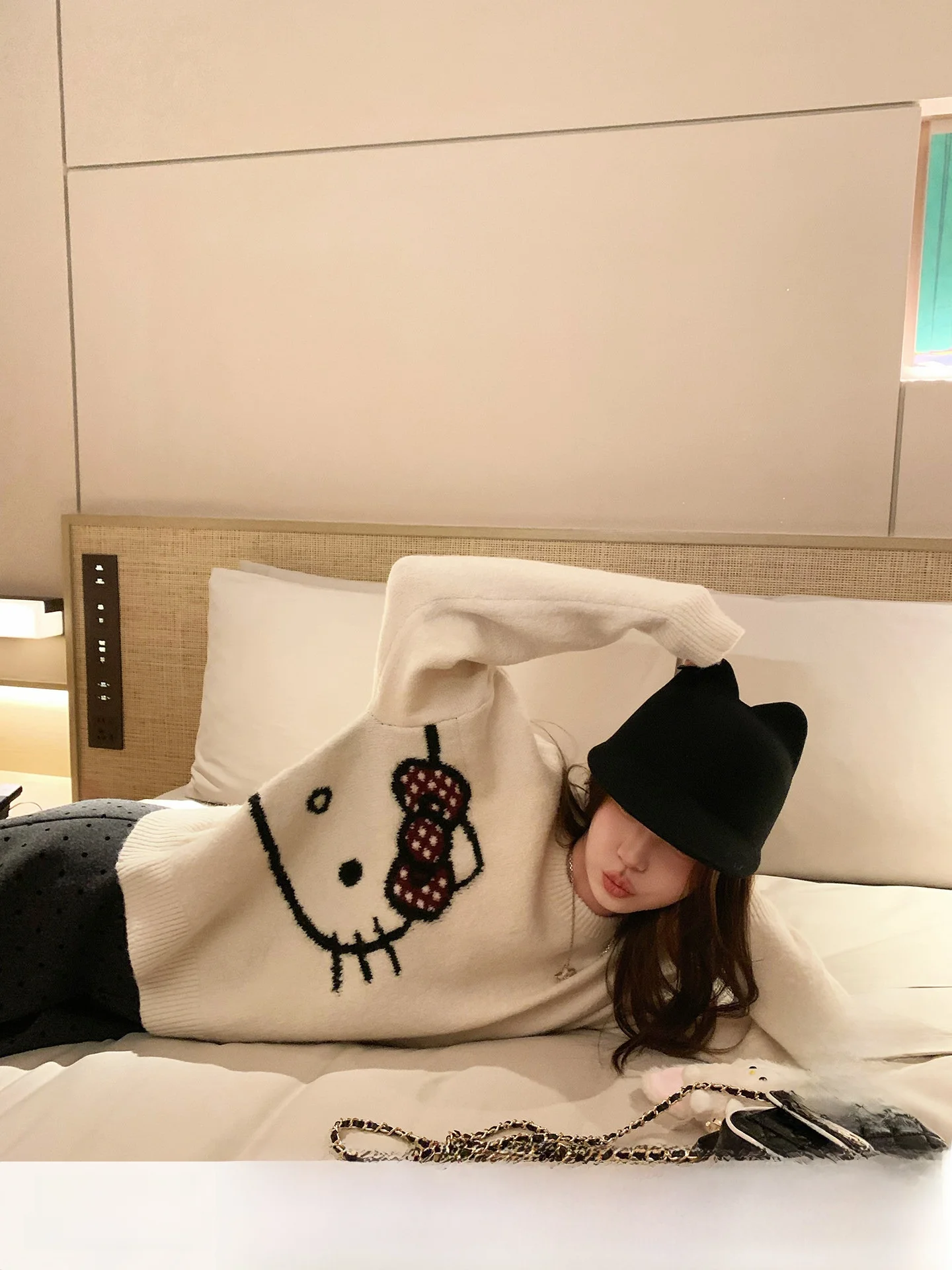 

ANNE OP Kit Soft Wool Knitted Loose Women's Sweater Casual Sle Long Sve round Ne Cartoon Print Autumn Winter