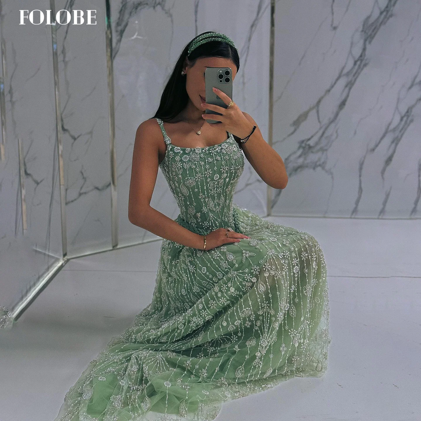 FOLOBE เซจสีเขียวเอ-ไลน์ชุดราตรีคริสตัลมุกผู้หญิงที่สง่างามชุดแต่งงานชุดราตรีที่กำหนดเอง