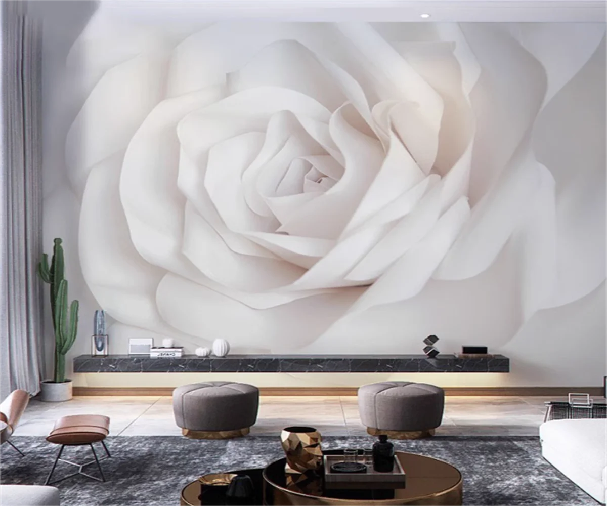 Customized Cream Style Abstract Art White Rose Pattern Wallpaper Feather Leaves Flat Spread Full House Coverage 3D Wallpaper
