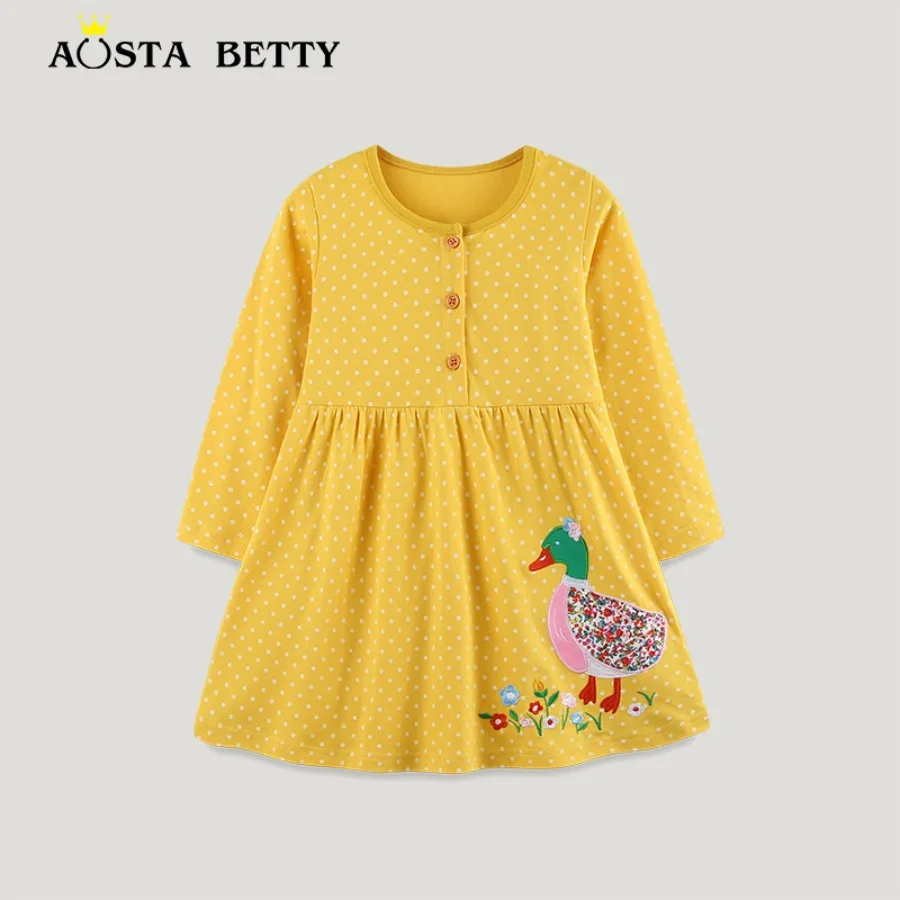 

【New Arrival】Toddler Girl Yellow Polka Dot Duck Appliqué Long Sleeve Cotton Dress
