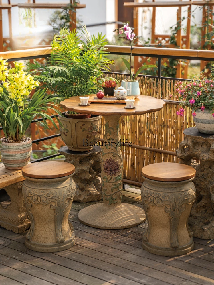 Outdoor Courtyard Table and Chair Outdoor Teak Terrazzo Yard round Table