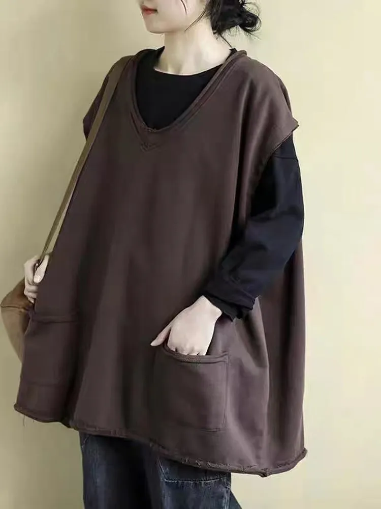 Loose Casual Sleeveless Vest Top Women's plus Size Outerwear Spring Autumn  Color Versatile Comfortable Fashion Outer Layer