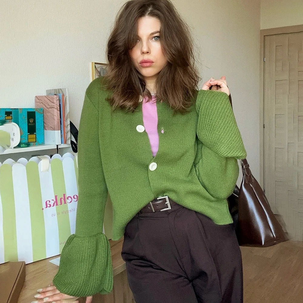 

Ticketsx модный однотонный вязаный кардиган с круглым вырезом, повседневное однобортное вязаное пальто с длинными рукавами и рюшами, осенний женский трикотаж