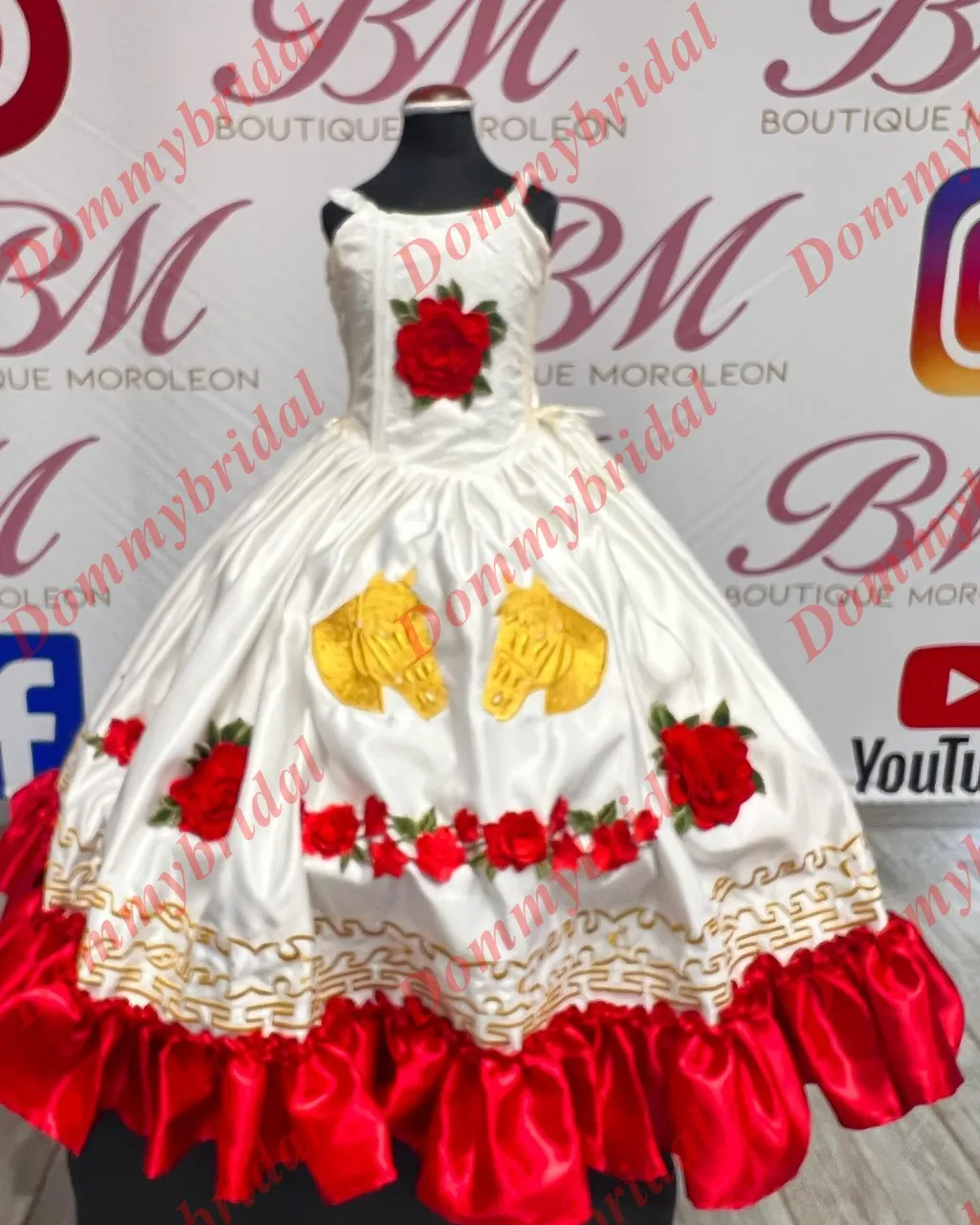 

Vintage Red and White A line Little Girls Pageant Prom Party Cocktail Dress Mexican Charro Style with Straps Gold Embroidery