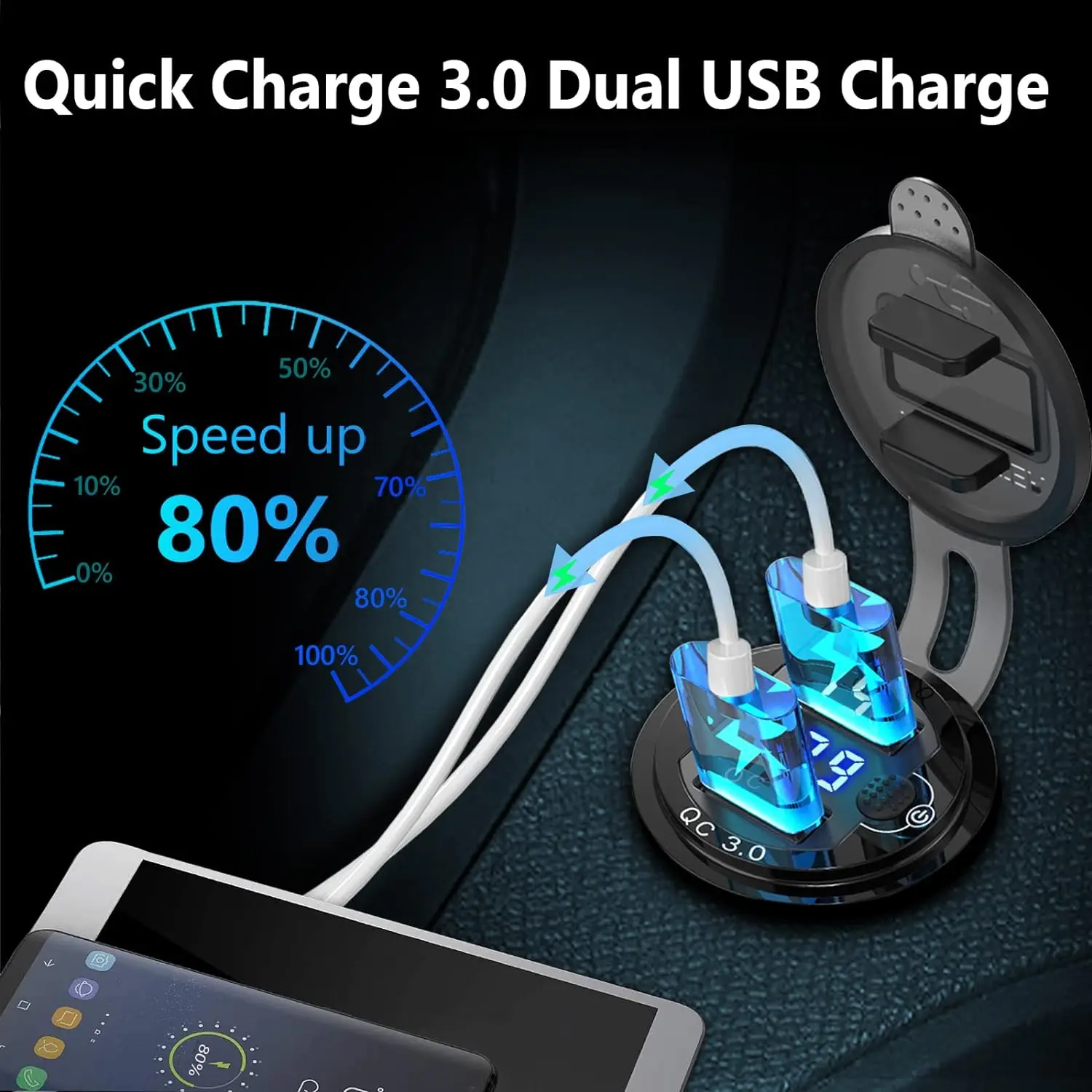 12V USB-uitgang Dual 36W Quick Charge 3.0 aluminium aansluiting 12V motorfiets USB-uitgang met LED-voltmeterknopschakelaar Waterdicht