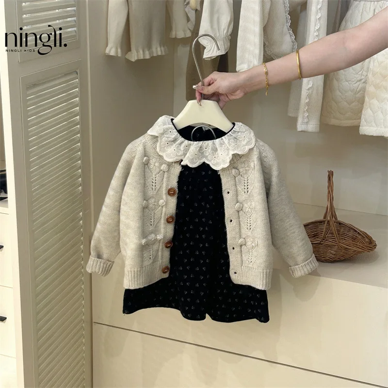 

NL-Girls' Fall Dress New Retro Style Floral Skirt Children Ruffles Lapel Princess Dress Suit