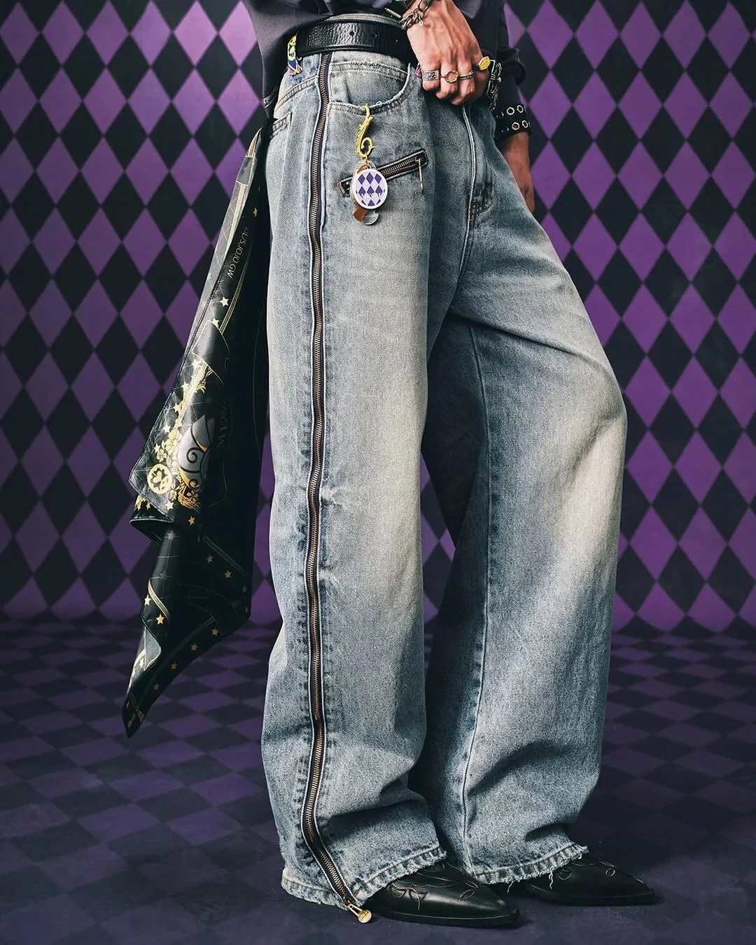 JoJo Anime Zip Off Panel Jeans Men Women High Waist Wide Leg Detachable Print Denim Pants Purple Gold Patchwork Straight Jeans 3 JoJo Anime Zip Off Panel Jeans Men Women High Waist Wide Leg Detachable Print Denim Pants Purple Gold Patchwork Straight Jeans 3