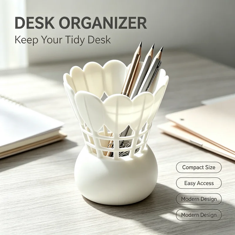 Nordic-Style White Badminton Pen Holder, Decorative Desktop Storage Box, 3D Printed Stationery Organizer, Modern Home Office Interior Decoration