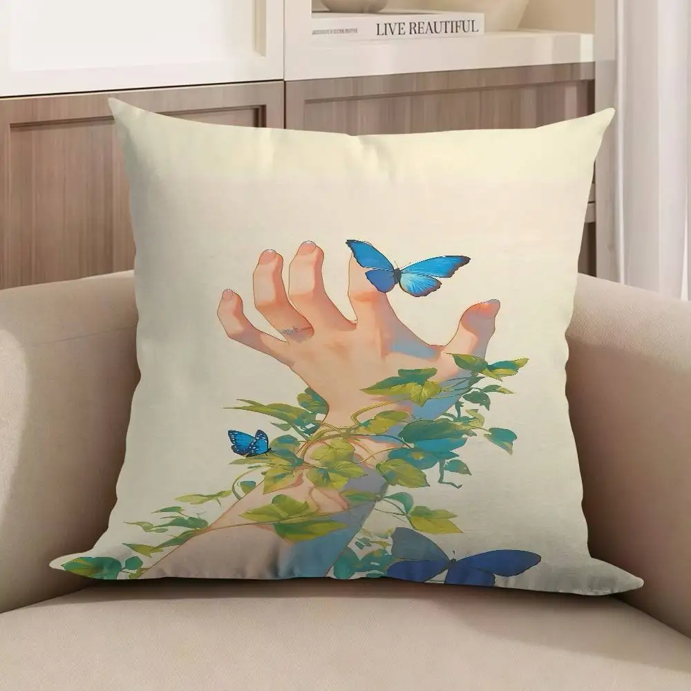 

Hand With Blue Butterflies 45*45cm Cushion Cover Pillow Cover Decor Pillowcase Home Pillowcase For Couch Pillow