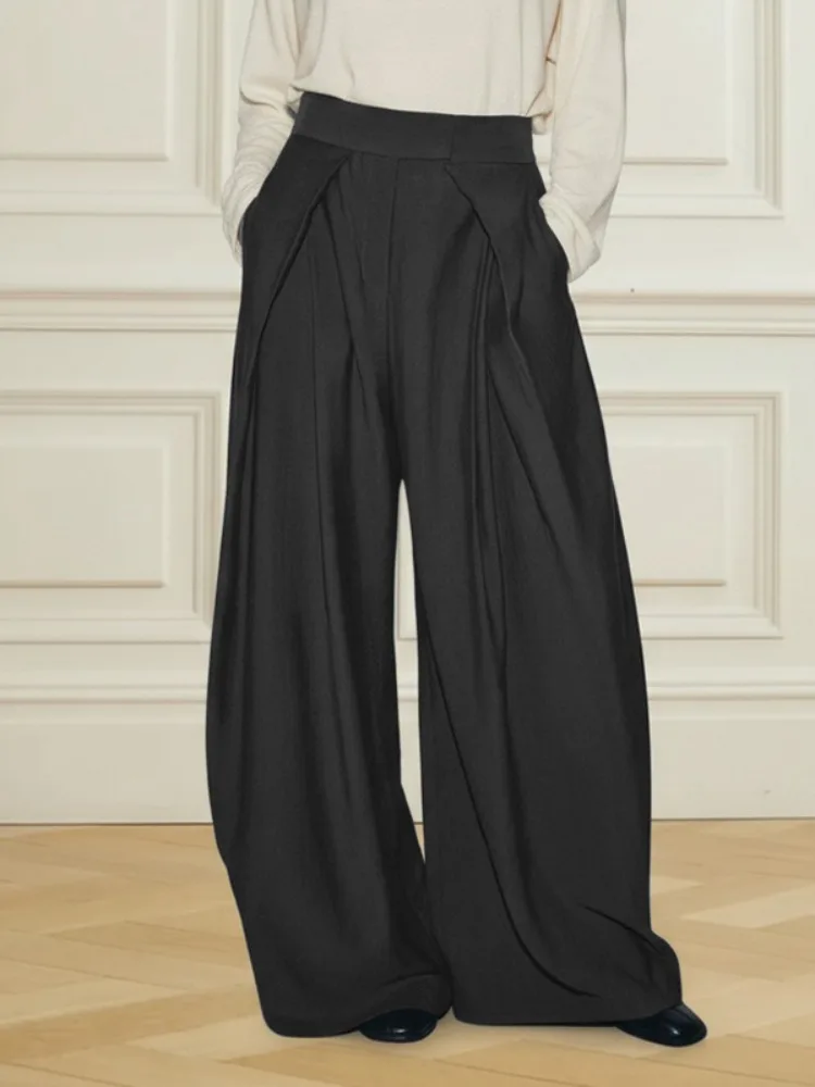 

Missuoo 2025 New Women's Full Length Pants Solid Black Pleated Wide Leg Trousers High Waist Loose Fit Commuter Pants for Women