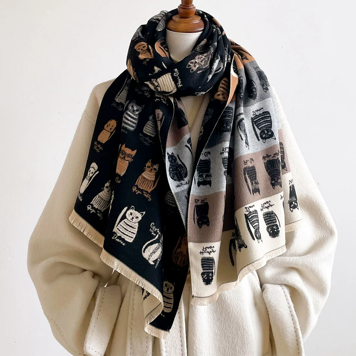 Winter Ladies Elegant Retro Cute Cartoon Kitten With Script Cashmere Feel Scarf Large Size Soft Fringed Shawl Wrap For Daily