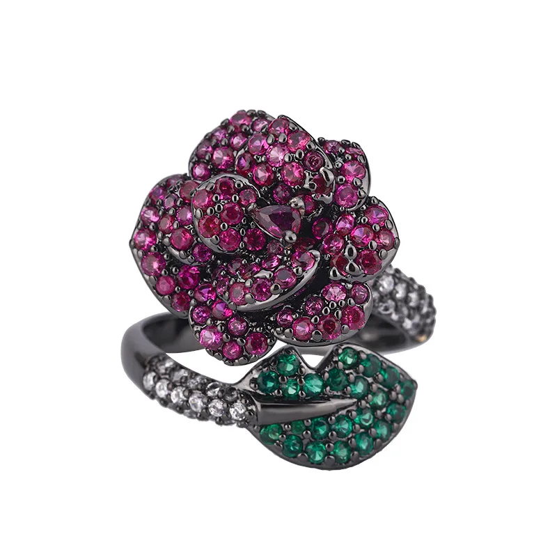 -Plated Jewelry Red Corundum Black Gold Flower Personality Ring for Women
