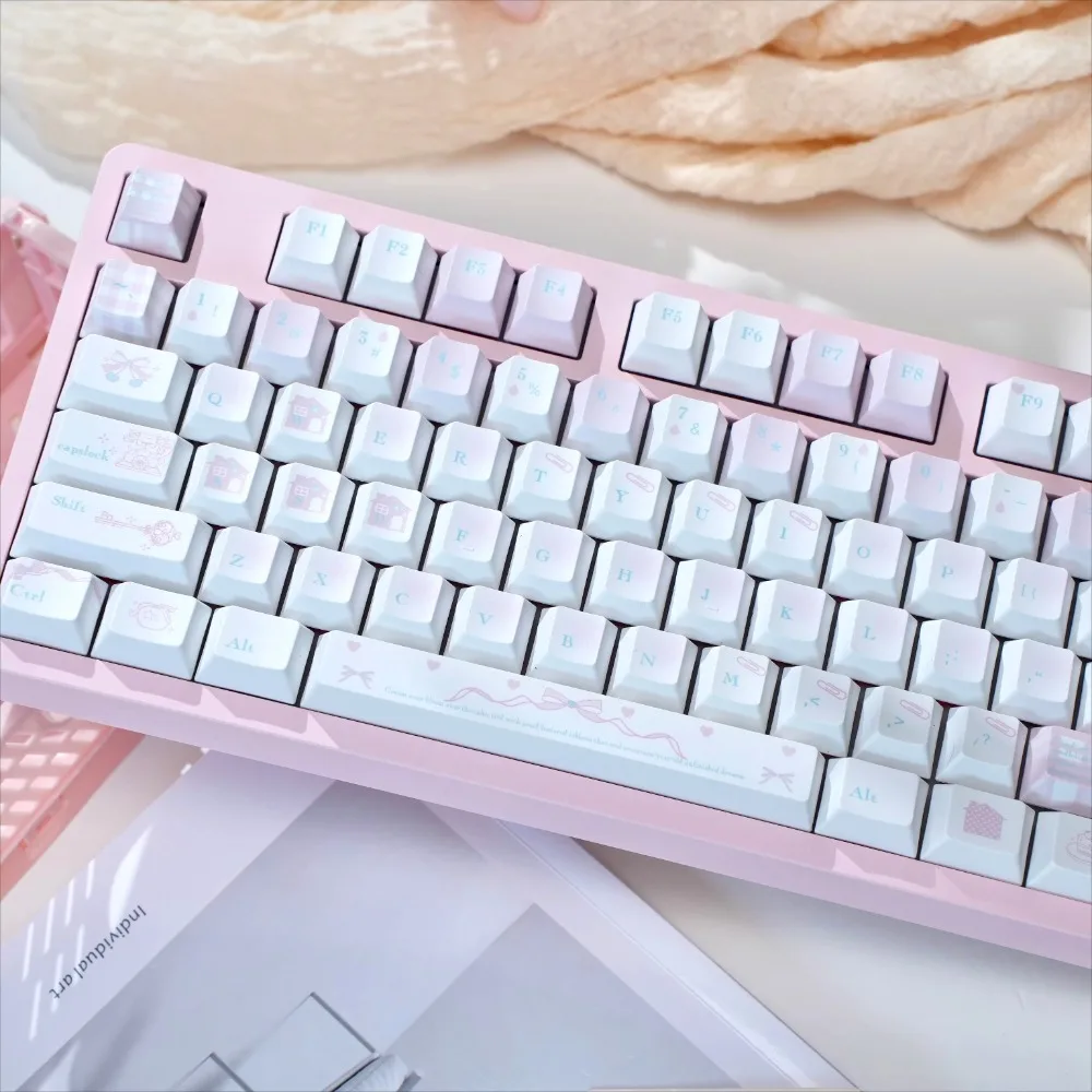 130 Key Marshmallow Keycaps - Cherry Profile PBT Dye-Sub, Pink Cute Aesthetic for Mechanical Keyboard (70% US Layout)