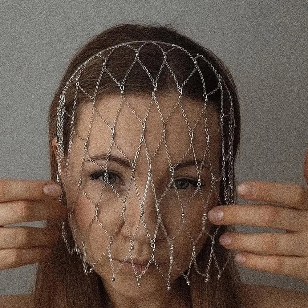 اليدوية الجوف شبكة خوذة قبعة الرقص الشرقي إكسسوارات الشعر تصميم الأزياء شرابة معدنية رئيس سلسلة قبعة مجوهرات الزفاف هدية #4