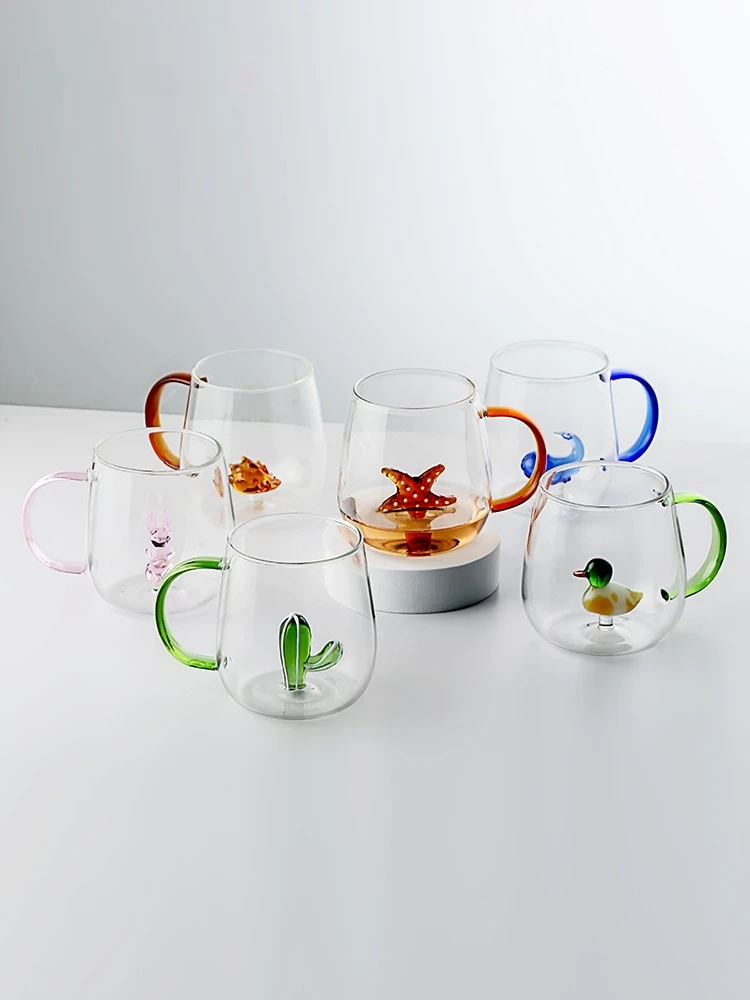 

3D Animal Glass Drinking Cup with Handle, Juice Beverage Cup, Various Styles, Cartoon Single-layer Cup, Summer