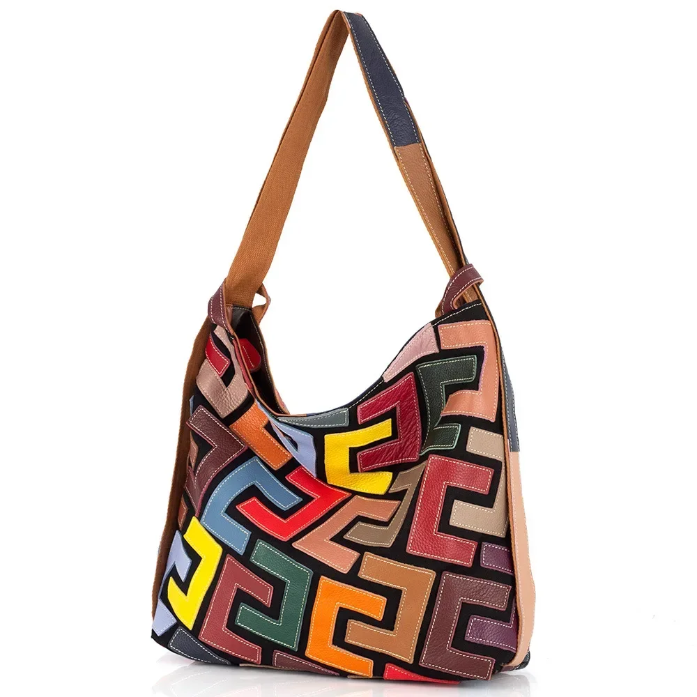 New Genuine Leather Women's Tote Bag Geometric Pattern and Color-blocking Shoulder Bag Crossbody Ladies Handbags