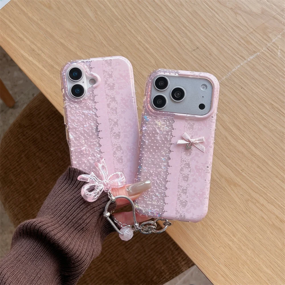 Kawaii Pink Lace Glitter Splicing Bow Phone Case With Bow Chain Charm Soft Cover for iPhone 18 17 16 15 Pro Max Fundas Korea