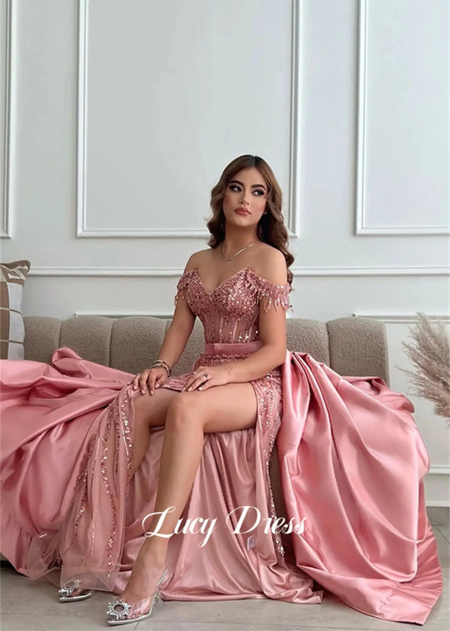 Lucy Mermaid Evening Dress Ball Gown Detachable Skirt Bead-embroidered Shiny Fabric Satin Pink Luxurious Dresses Customized