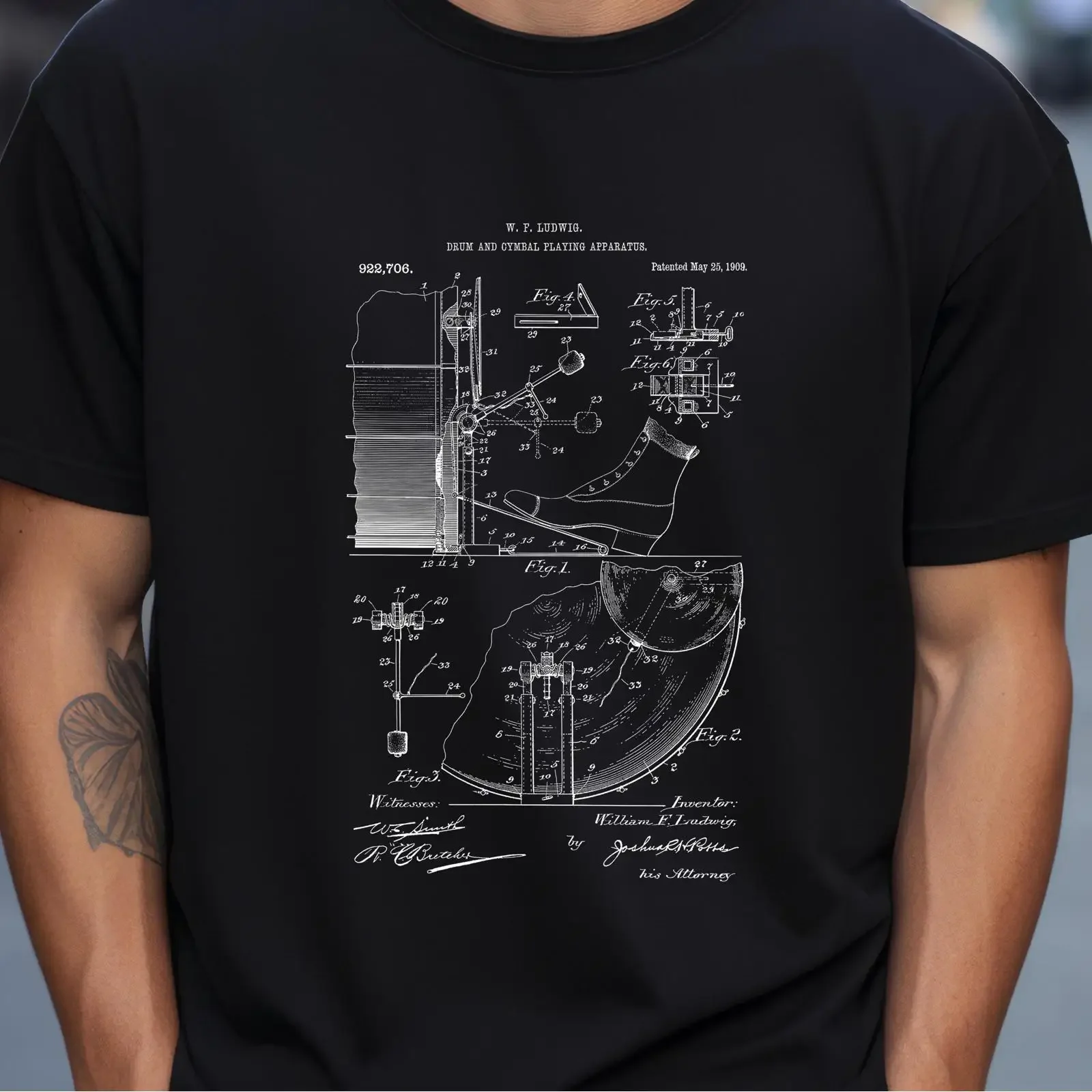 1908 Ludwig Drum Cymbal Playing Apparatus US Patent T Shirt for Drummers Rock Bands Music Enthusiasts vintage Washed homme