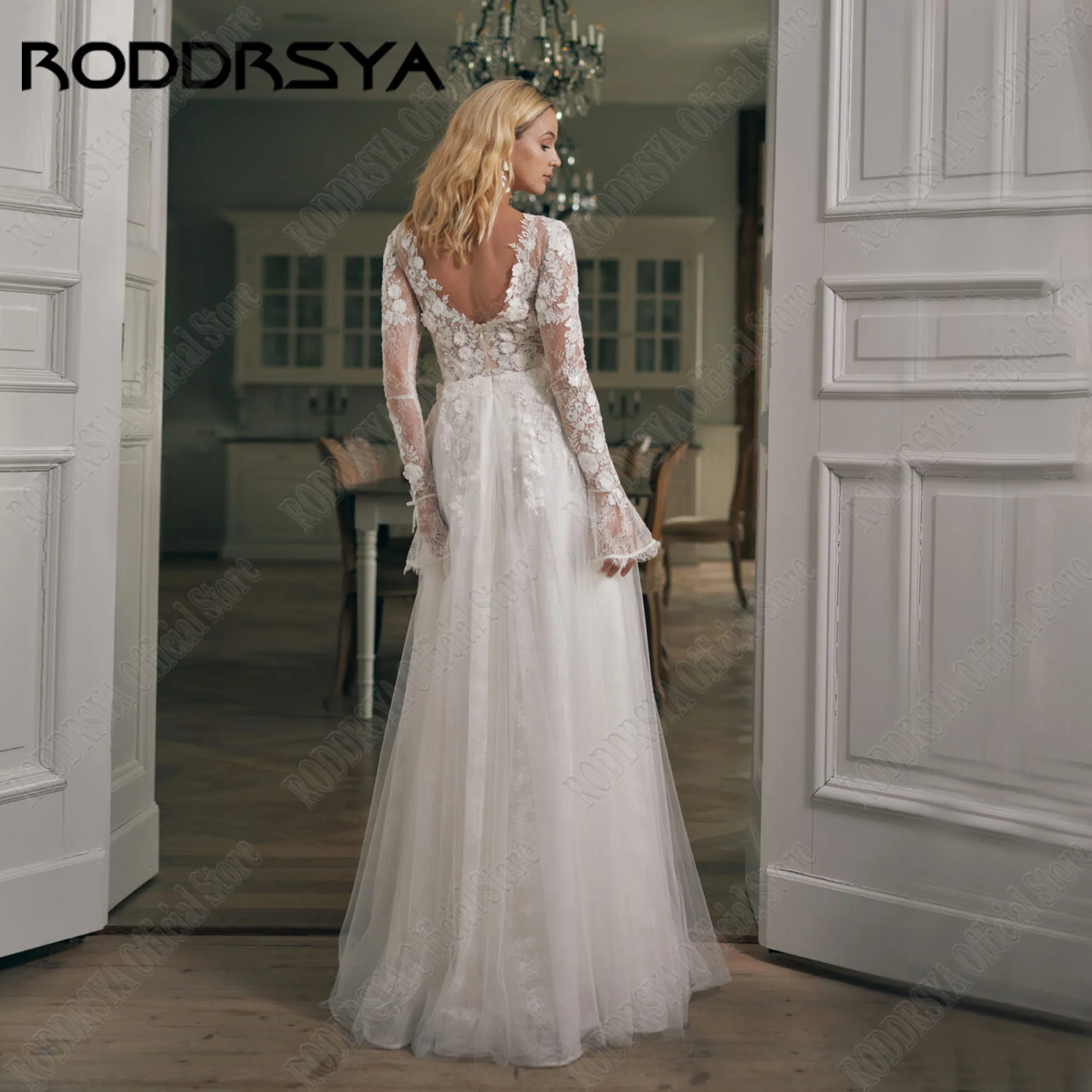 RODDRSYA Backless Lace Wedding Dress Women Long Sleeves Civil Bride Gowns See Through Robe De Mariée Floor Length CustomizedRODDRSYA Bez Backless Koronkowa Suknia Ślubna Kobiety Długie Rękawy Cywilne Suknie Panny Młode