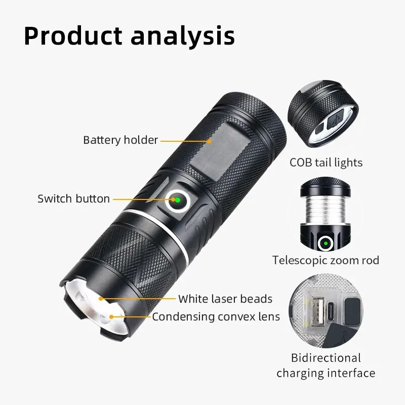 COBA Powerful Spotlight Long Range LED Flashlight With SMD Tail Light Lantern Built-in Battery Type-C Charging Torch for Fishing