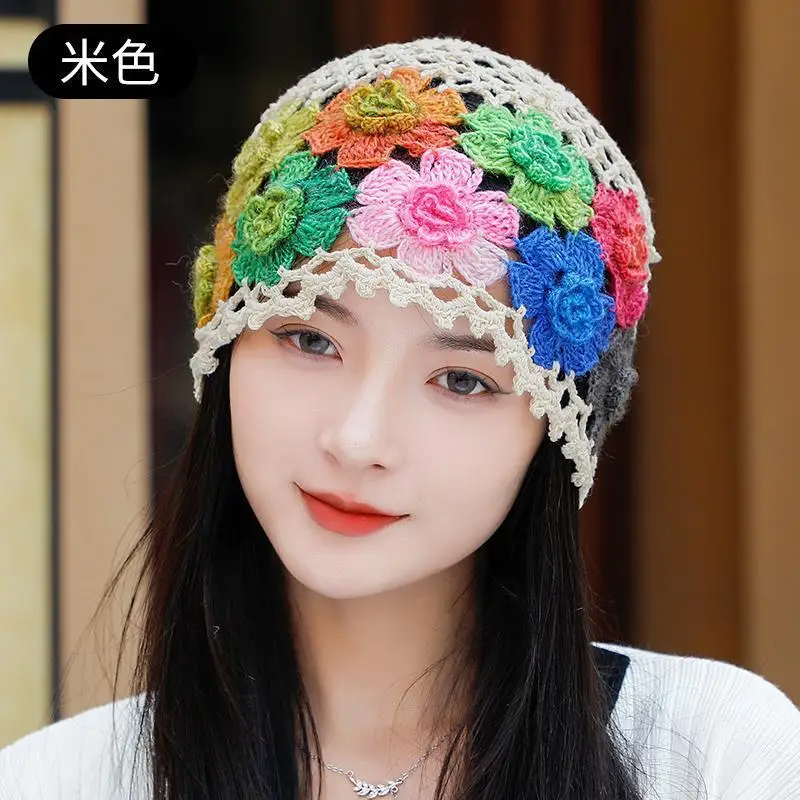 Japanese Spring Summer Literary and Artistic Colorful Flower Hollow Bag Head Hat Women Sweet Fashion Hand-crocheted Beanie Cap