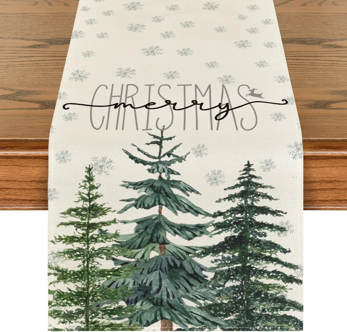 Beige Pine Tree Snowflake Merry Christmas Linen Table Runners Dresser Scarf Decor Farmhouse Table Runners Christmas Decorations