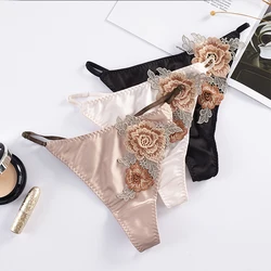 3 Pack Sexy Thong Heavy Silk Embroidered Flower Adjustable Ribbon Breathable Soft Women's Panties