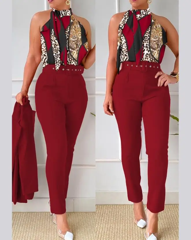 

Women's Suit Set Elegant Commuting Baroque Leopard Print Tie Details Sleeveless Tank Top and High Waist Pants Set With Belt