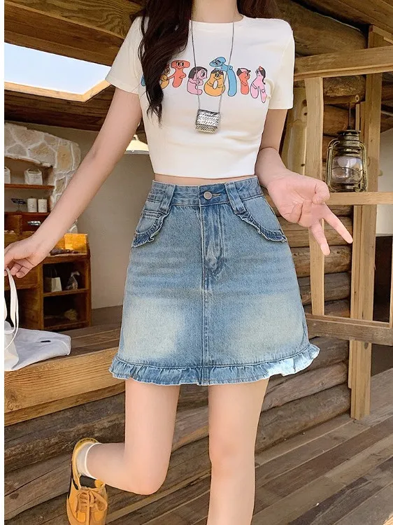 

plus Size Women's American Retro Light Blue Ruffle Denim f Skirt High Waist A-Line ort Skirt Summer New Sle Commute