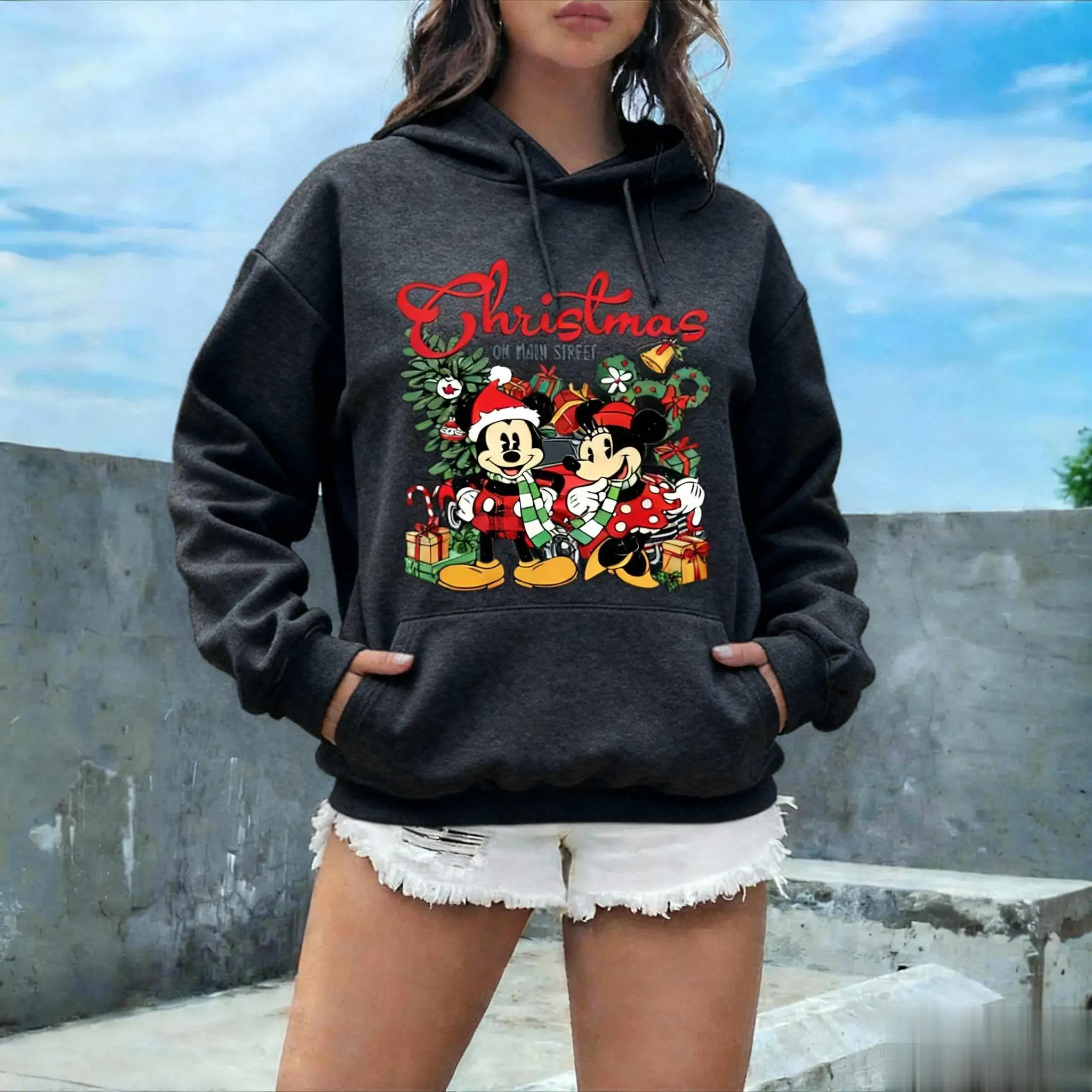 Sudadera con estampado de Mickey Minnie de Navidad Unisex para hombre y mujer, Sudadera con capucha, jersey gráfico, ropa de calle informal, suéter de Otoño Invierno de Disney