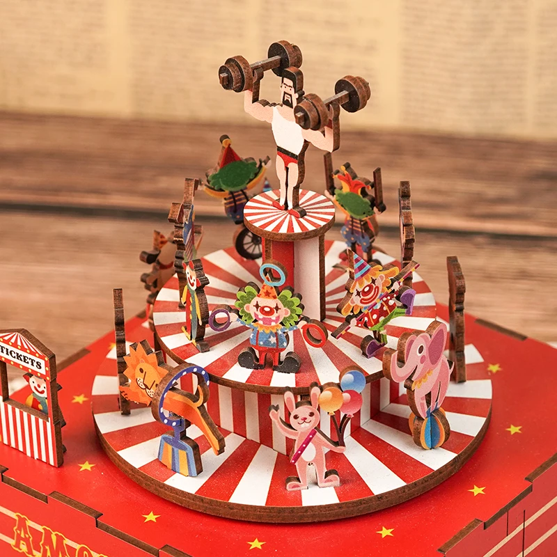 DIY 3D Wooden Circus Troupe Music Box Miniature Model Kits Jigsaw Puzzles Can Move for Children Birthday Gifts Home Decoration