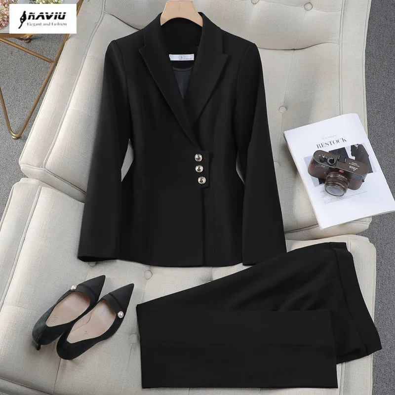 

NAVIU Office Lady Blazer Pant Sets 2 Piece Outfit Women Suit Conjuntos Para Mujeres Elegant Matching Trousers Set Spring Autumn