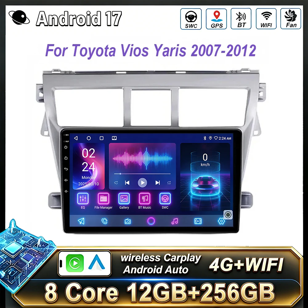 Reproductor Multimedia para Auto Android 17 para Toyota Vios Yaris 2007-2012, GPS, Navegación, Carplay Inalámbrico, Radio, Audio para Auto