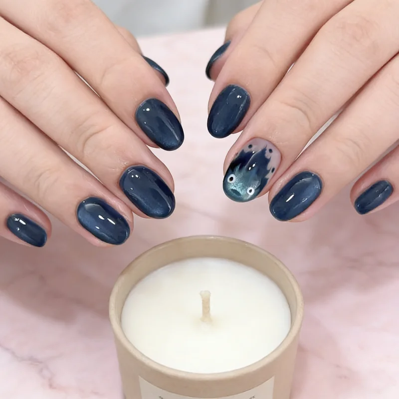 

24Pcs Fake Nails Little Devil Flame Indigo Cat Eye Short Oval Press-On Nail Tips Perfect Gifting for Girls and Friends