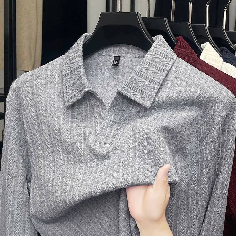 Men Long Sleeve Polo Shirt Solid Color Chevron Jacquard Lapel Casual Knit Base Top For Spring Autumn