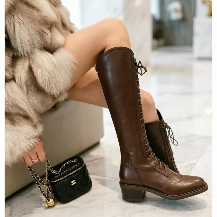 

Women Genuine Leather Knee High Boot Square Toe Thick High Heels Zipper Lace-up Long Boot Ladies Shoes Autumn Winter 40