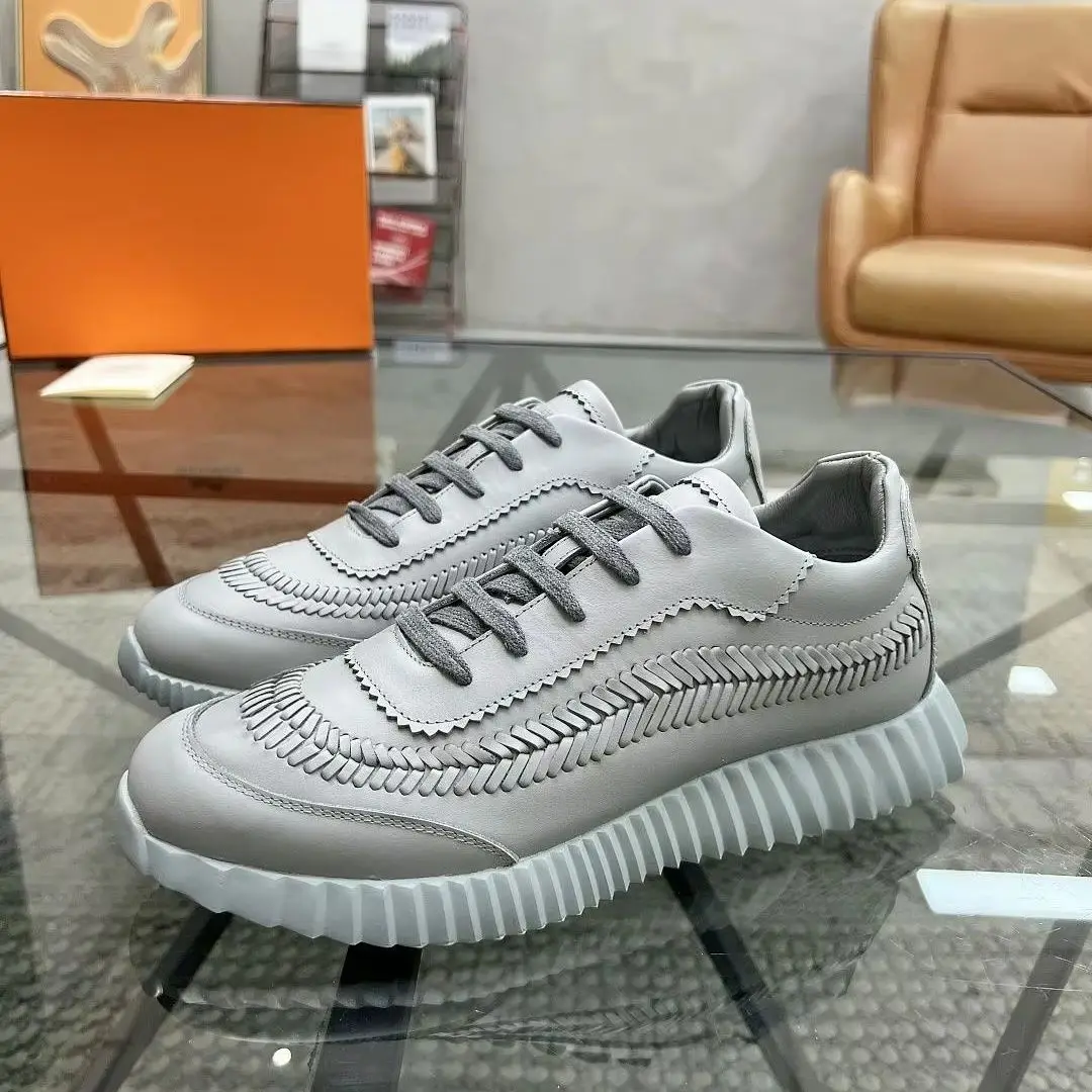 Light Gray Leather Woven Stitch Ridged Thick Sole Sneakers for Men Women