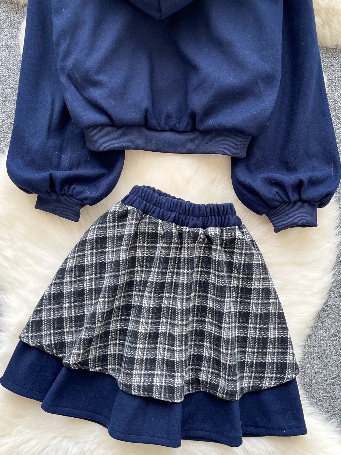 Sweet And Spicy Girl Casual Set Women's Autumn Faion Plaid Patchwork Hoodie Jaet High Waist  Skirt Two Piece Set