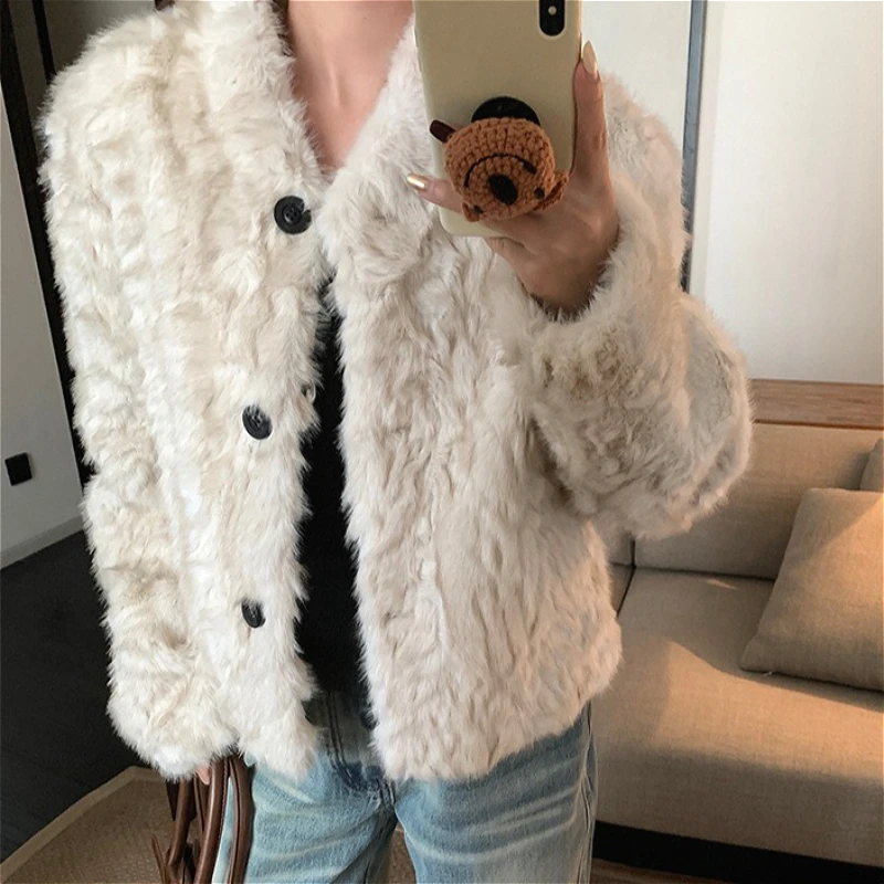 Women Faux Shearling Fur Coats Solid Fur Jackets Cotton Linen V Neck Long Sleeves Single Breasted Loose Fit Casual 2026 Winter