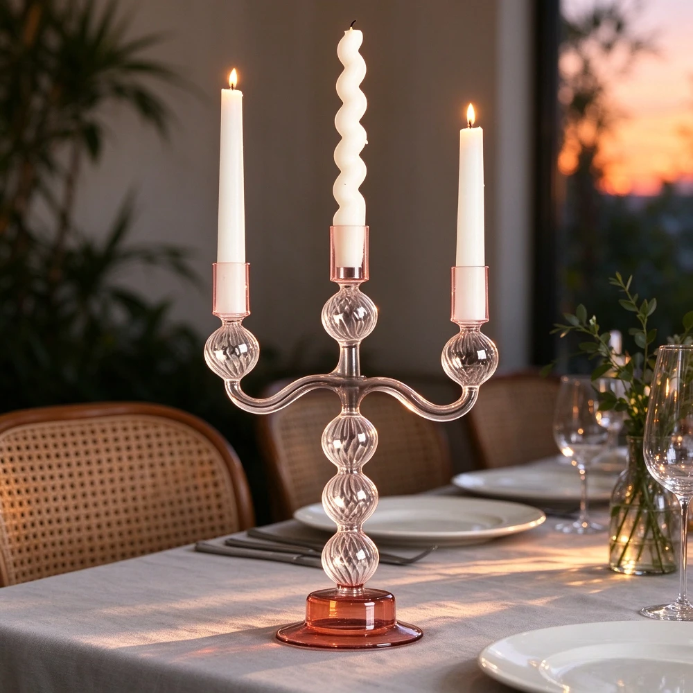 3 Arms Gradient Pink Glass Candlestick Holder Bubble Texture Taper Candle Holder for Dining Table Wedding Party Home Decoration