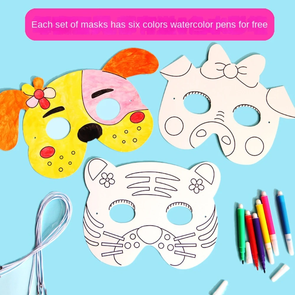 Desenhos animados animais máscara de papel para crianças, artesanato de grafite DIY, brinquedo pintado à mão, papel branco com canetas coloridas, 8 peças