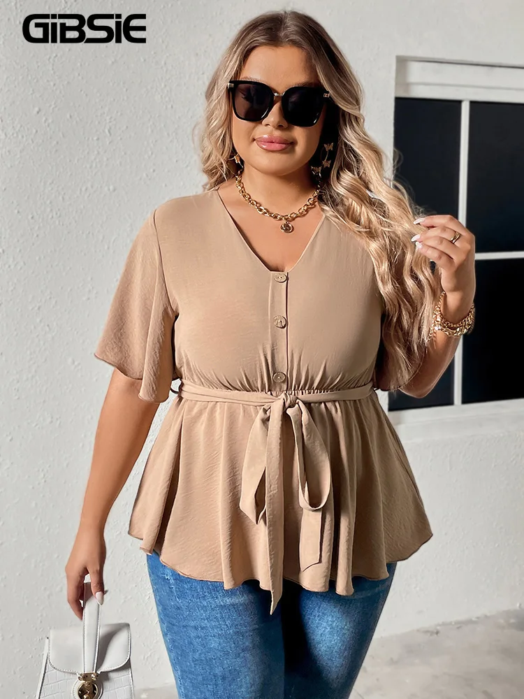 

GIBSIE Plus Size Women Blouses Fashion V-Neck Button Front Solid Peplum Tops Female Casual Summer Elastic Belted Blouse 2023