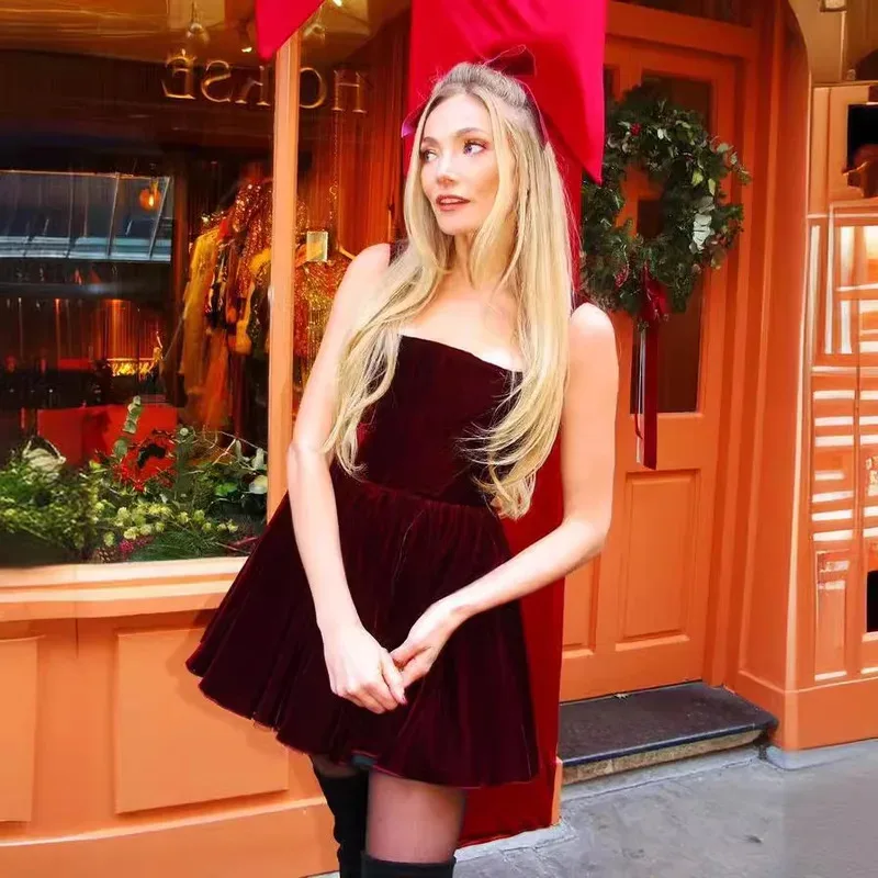 

Сексуальные красные бархатные костюмы для рождественской вечеринки, косплей Санта-Клауса для женщин, новогоднее платье-комбинация; 8 дюймов,