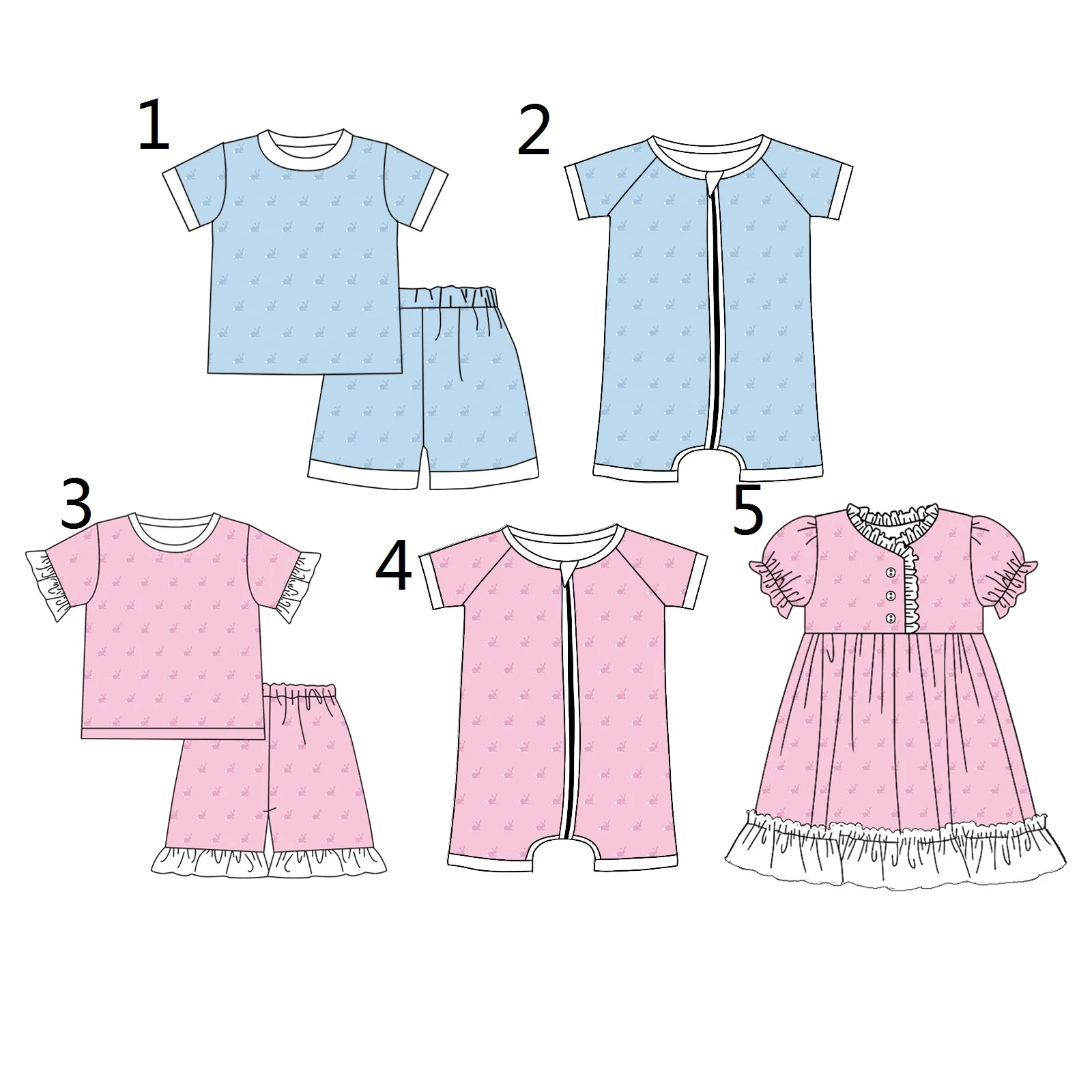 Retail and Wholesale Easter Style Cartoon Print Boys Blue Outfits Girls Pink Boutique Dresses and Jumpsuits