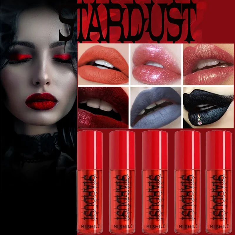 Halloween Gothic Lipstick Lip Powder Matte Velvet Black Dark Red Lip Gloss Non-stick Cup Lasting Shimmer Pigment Lip Tint Makeup